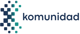 Komunidad logo featuring a digital pixel-style globe design in gradient blue and green hues on the left, and the word "komunidad" in a modern, dark blue lowercase font on the right.