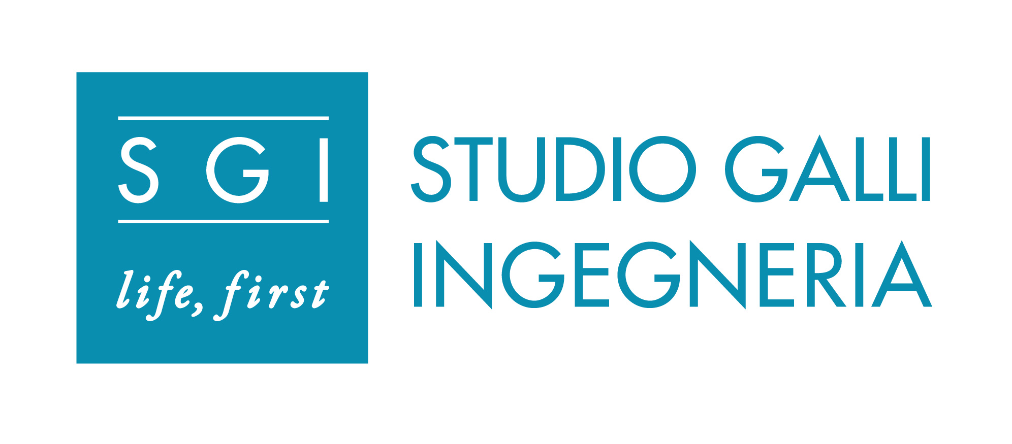 light blue square on the left, with a white writing, in the upper part, in CAPS:"SGI" and in the lower part in italic: "life, first". On the right side, in light blue, on the upper part is written in CAPS: "STUDIO GALLI" and in the lower part is written in CAPS : "INGEGNERIA"