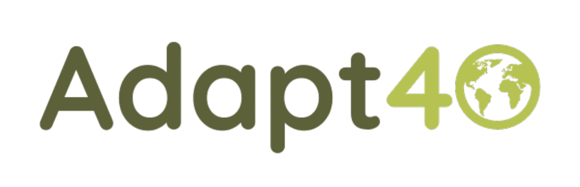 Logo-type; Adapt in dark green; 40 in lighter green; both soft rounded font; 0 in 40 is a diagram of the earth.
