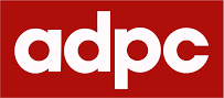 ADPC written in lower case and white font over red background. 