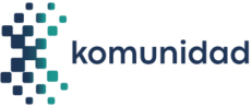 Komunidad logo featuring a digital pixel-style globe design in gradient blue and green hues on the left, and the word "komunidad" in a modern, dark blue lowercase font on the right.