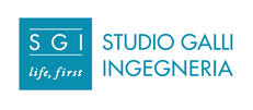 light blue square on the left, with a white writing, in the upper part, in CAPS:"SGI" and in the lower part in italic: "life, first". On the right side, in light blue, on the upper part is written in CAPS: "STUDIO GALLI" and in the lower part is written in CAPS : "INGEGNERIA"