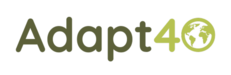 Logo-type; Adapt in dark green; 40 in lighter green; both soft rounded font; 0 in 40 is a diagram of the earth.