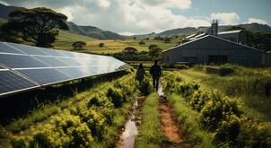 Farmer couple walking on the farm with solar panels